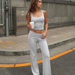 Grey Ribbed Knit Slim Fit Cropped Top Long Pants Casual Set