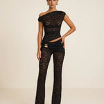 Black Lace Asymmetrical Shoulder Crop Top Flare Leg Pants Set