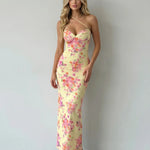 Yellow Floral Print Criss Cross Backless Maxi Dress