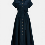 Navy Blue Belted Linen Blend Midi Shirt Dress