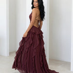 Burgundy Deep V Spaghetti Strap Cutout Ruffle High Slit Chiffon Maxi Dress