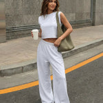 Light Grey Cotton Blend Relaxed Crop Top Wide Leg Two Piece Set