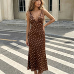 Brown Polka Dot Lace Trim Sleeveless Midi Dress