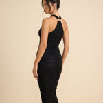 Black Halter Neck Keyhole Full Ruched Bodycon Midi Dress
