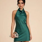 Dark Green Cowl Neck Satin Slim Fit Mini Dress