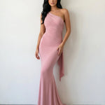 Pink One Shoulder Ruched Open Back Mermaid Maxi Dress