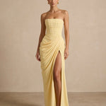 Elegant Corset Back Strapless Draped Side Slit Maxi Dress