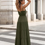 Olive Green Tiered Spaghetti Strap Maxi Dress