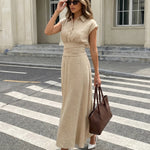 Beige Waist-Tie Linen Blend Maxi Shirt Dress