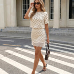 Cream White Polka Dot Short-Sleeve Top Lace Hem Mini Skirt Set