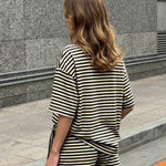 Beige Black Stripe Contrast Collar Oversized Short Sleeve T-Shirt Wide Leg Shorts Set