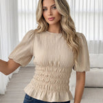 Beige Textured Puff Sleeve Peplum Blouse