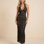 Black Halter Neck Lace Bodycon Maxi Dress