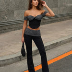 Black Slimming Polka Dot Detail Bodycon Fit Top Long Pants Set