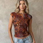 Brown Abstract Animal Print Cap Sleeve Top