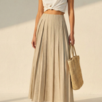 Beige Minimalist Linen Blend Pleated High Waist Maxi Skirt