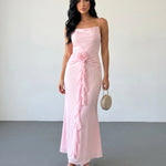 Pink Satin Spaghetti Strap Ruffle Mermaid Maxi Dress
