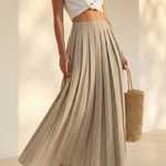 Beige Minimalist Linen Blend Pleated High Waist Maxi Skirt