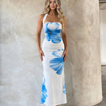 White Blue Floral Print Slim Fit Maxi Dress