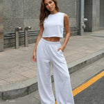 Light Grey Cotton Blend Relaxed Crop Top Wide Leg Two Piece Set