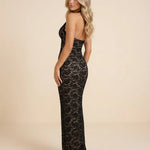 Black Halter Neck Lace Bodycon Maxi Dress
