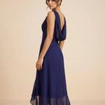 Navy Blue Ruffle Chiffon Slim Fit High Low Dress