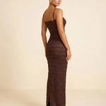 Brown Lace Spaghetti Strap Bodycon Back Slit Maxi Dress