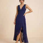 Navy Blue Ruffle Chiffon Slim Fit High Low Dress