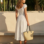 White Square Neck Puff Sleeve Smocked Waist Midi Dress