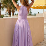 Lavender Halter High Neck Keyhole Smocked Ruffle Midi Dress