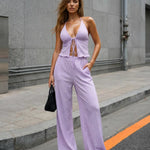 Lilac Tie Front Ribbed Knit Slim Fit Cropped Top Full Length Pants Set