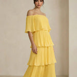 Yellow Tiered Pleated Off Shoulder Regular Fit Midi Dress