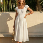 White Square Neck Puff Sleeve Smocked Waist Midi Dress