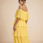 Yellow Tiered Pleated Off Shoulder Regular Fit Midi Dress