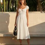 White Square Neck Puff Sleeve Smocked Waist Midi Dress
