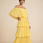 Yellow Tiered Pleated Off Shoulder Regular Fit Midi Dress
