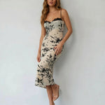 Beige Floral Print Lace Trim Mesh Midi Dress