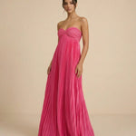 Fuchsia Pink Pleated Fabric Flowy Fit Maxi Dress
