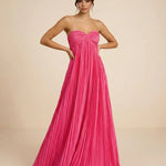 Fuchsia Pink Pleated Fabric Flowy Fit Maxi Dress