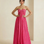 Fuchsia Pink Pleated Fabric Flowy Fit Maxi Dress
