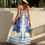 Blue Floral Print Spaghetti Strap A-Line Maxi Dress