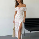 White Pink Floral Print Off-Shoulder Puff Sleeve High Slit Maxi Dress