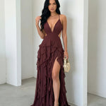 Burgundy Deep V Spaghetti Strap Cutout Ruffle High Slit Chiffon Maxi Dress