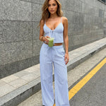 Blue Striped Crop Top Wide Leg Pants Slim Fit Long Two Piece Set
