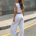Light Grey Cotton Blend Relaxed Crop Top Wide Leg Two Piece Set