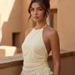 Yellow Halter High Neck Ruched Ruffle Peplum Top