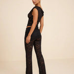 Black Lace Asymmetrical Shoulder Crop Top Flare Leg Pants Set
