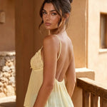 Yellow Lace Trim Pleated Spaghetti Strap Babydoll Vacation Cropped Top