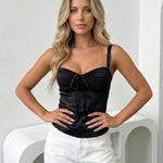 Black Sweetheart Ruched Satin Tie-Front Slim Top