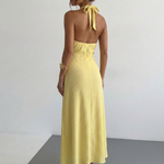 Buttery Yellow Halter Twist Neck Textured Maxi Dress